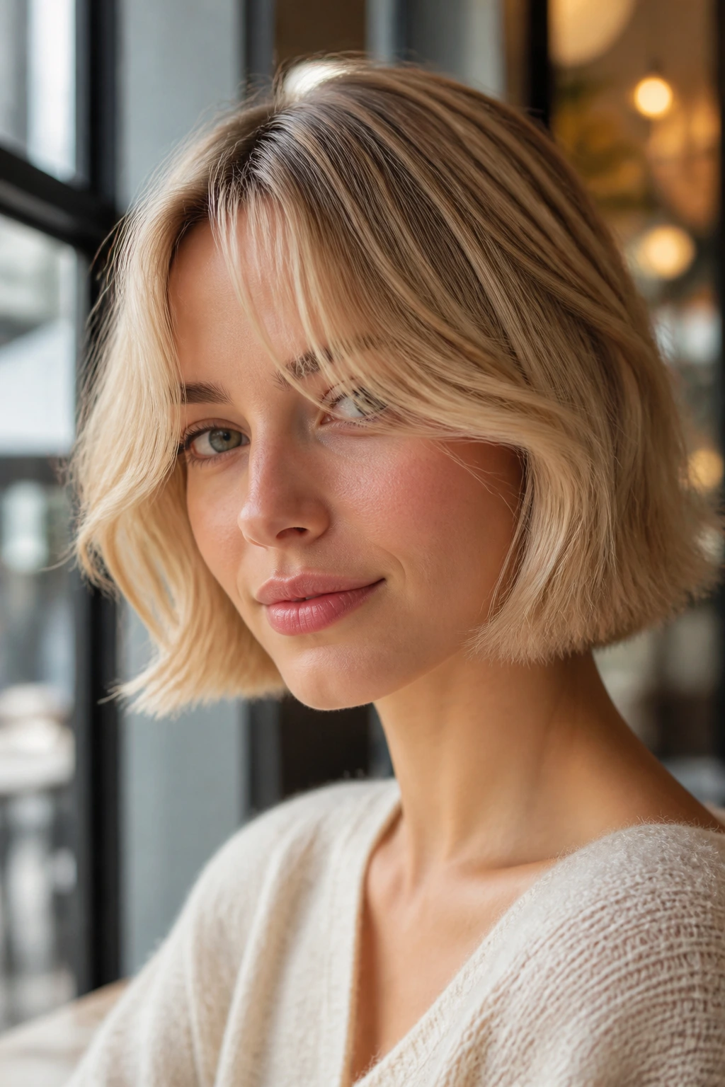 Portrait of a woman with a French bob and wispy curtain bangs