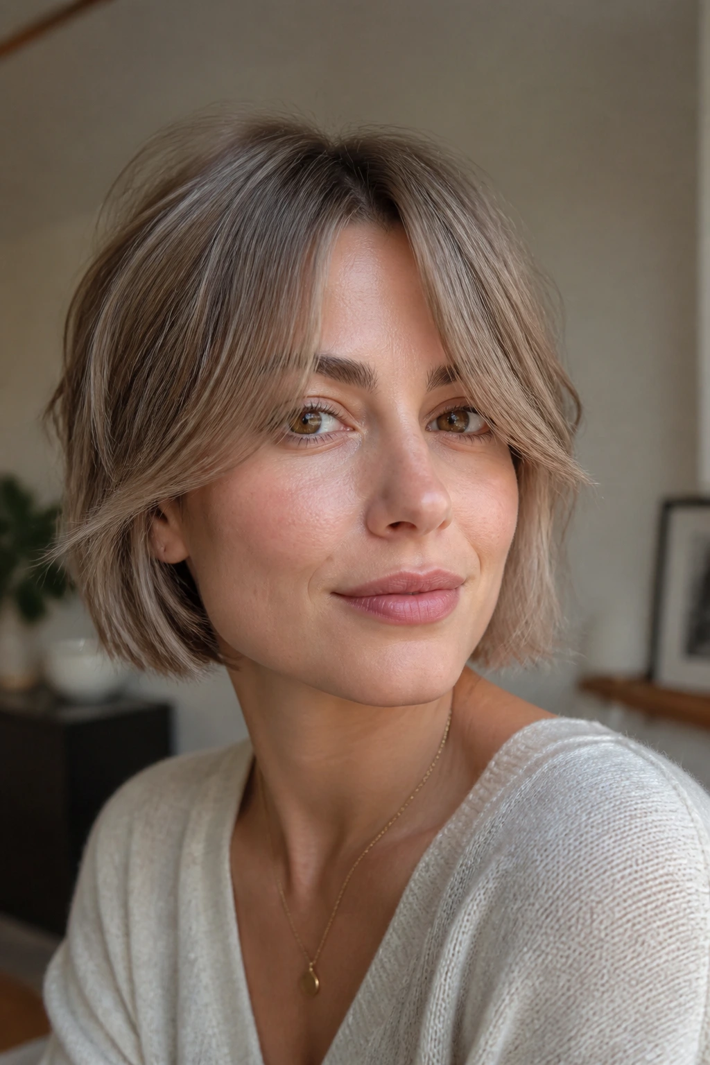 Close-up of a person with a French bob and wispy curtain bangs