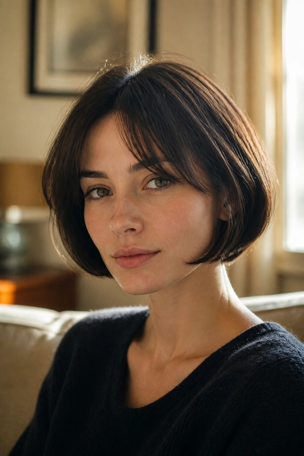Close-up portrait of a real woman with The French Bob with Tucked Ends and curtain bangs