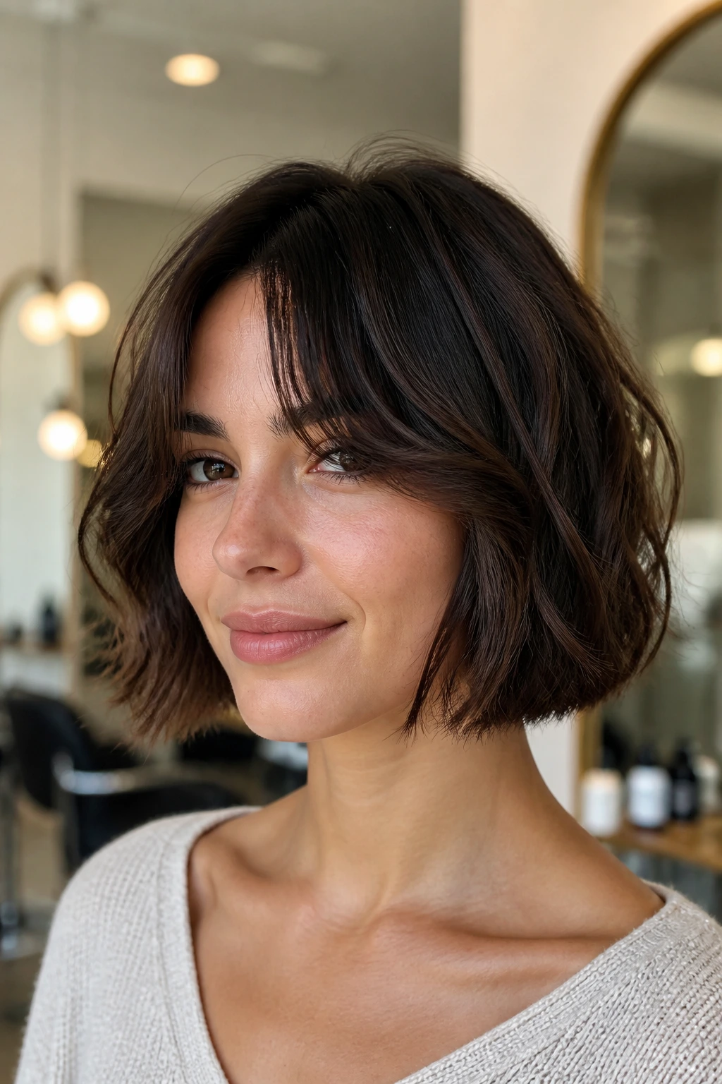Close-up of a woman with a French bob and curtain bangs showing soft, integrated fringe on waves.