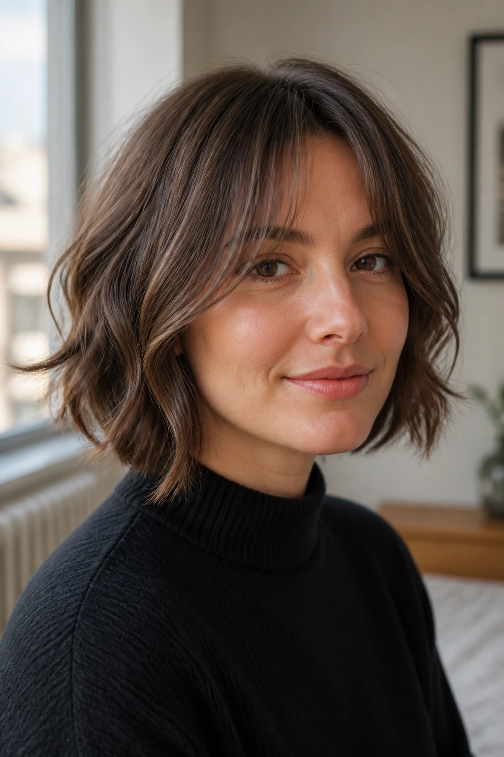 Close-up of a real woman with a French bob and curtain fringe