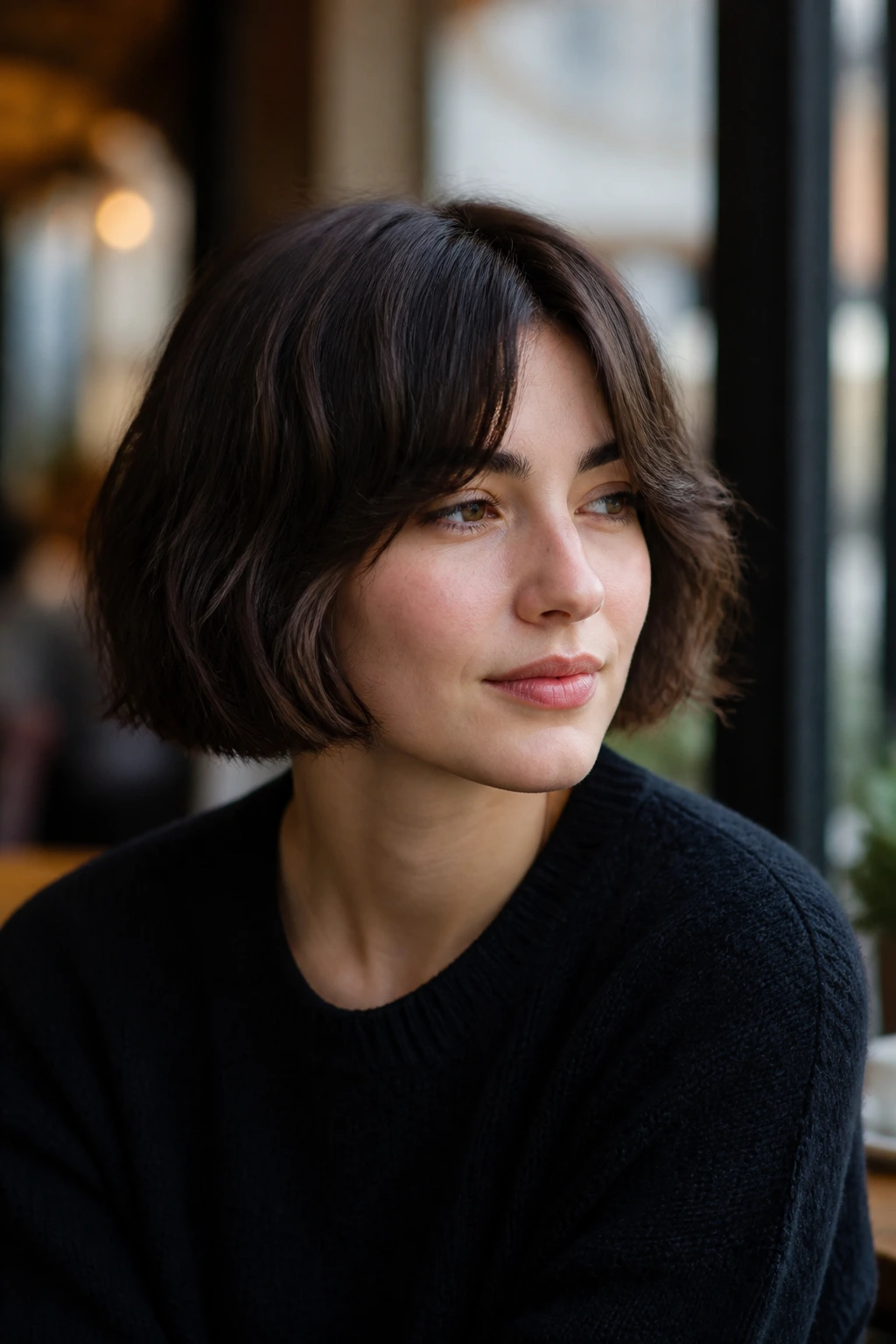 Portrait of a real woman wearing a French bob with curtain fringe.