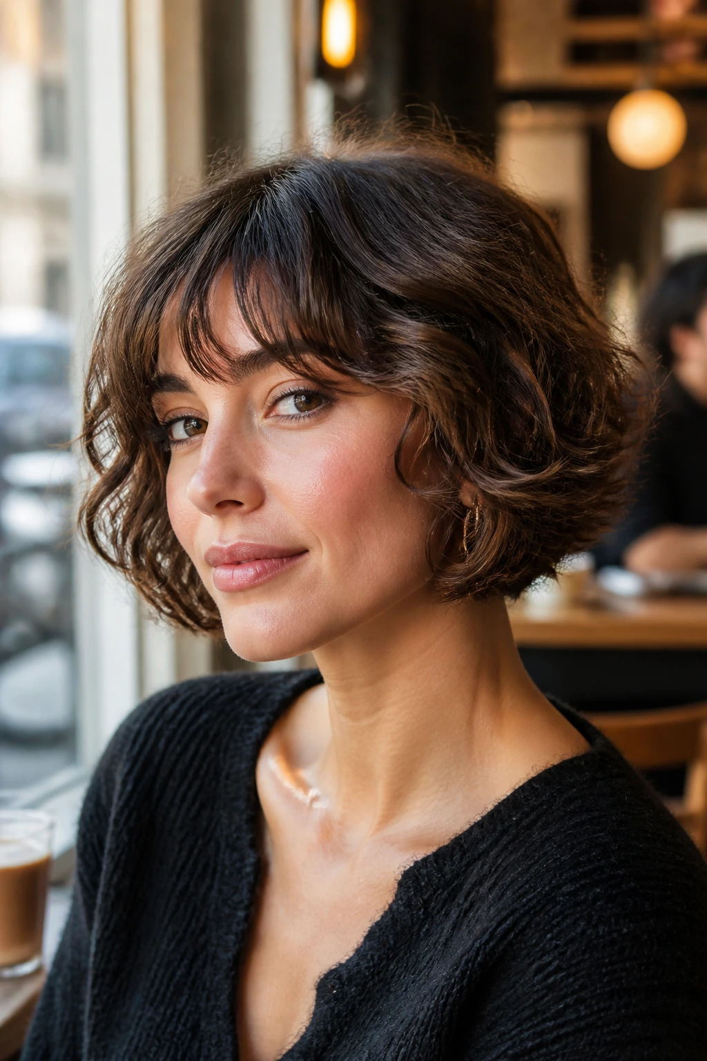 Close-up portrait of a real woman with a French bob and curved ends.