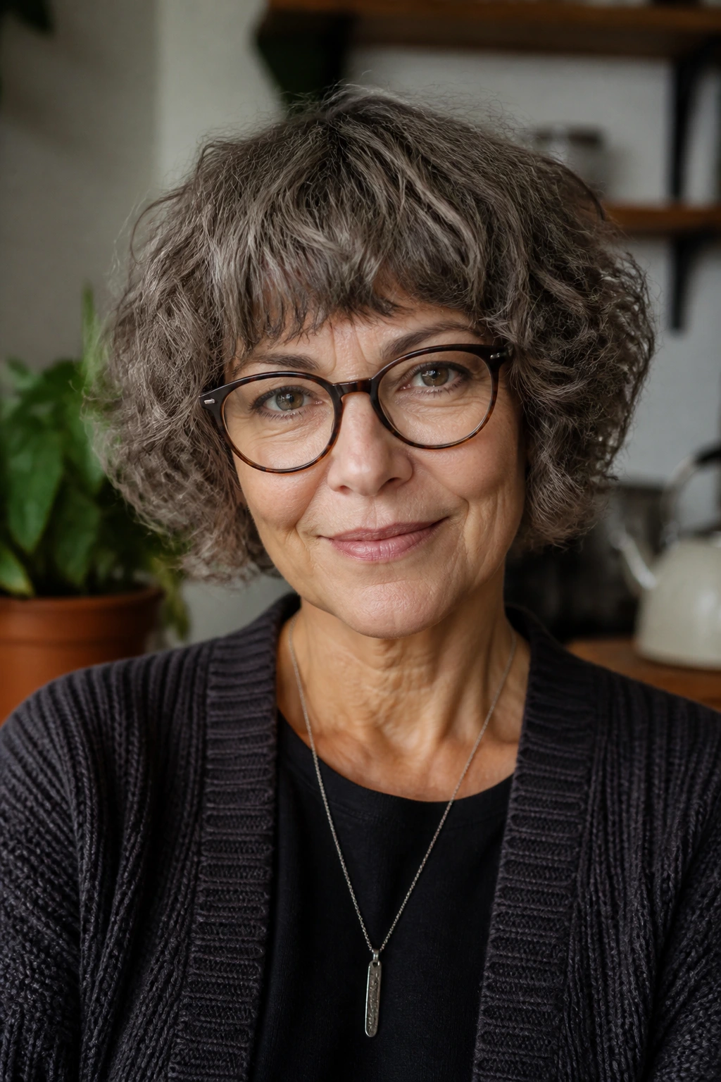 Woman with French bob and curved fringe, visible jawline and glasses.