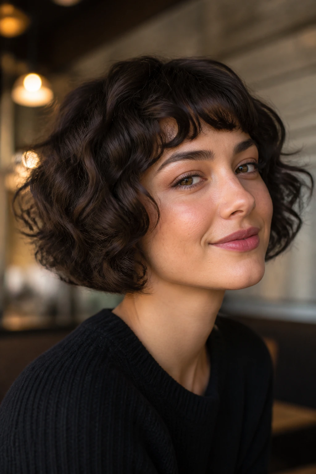 Real person with short French bob and espresso shadow in cafe light