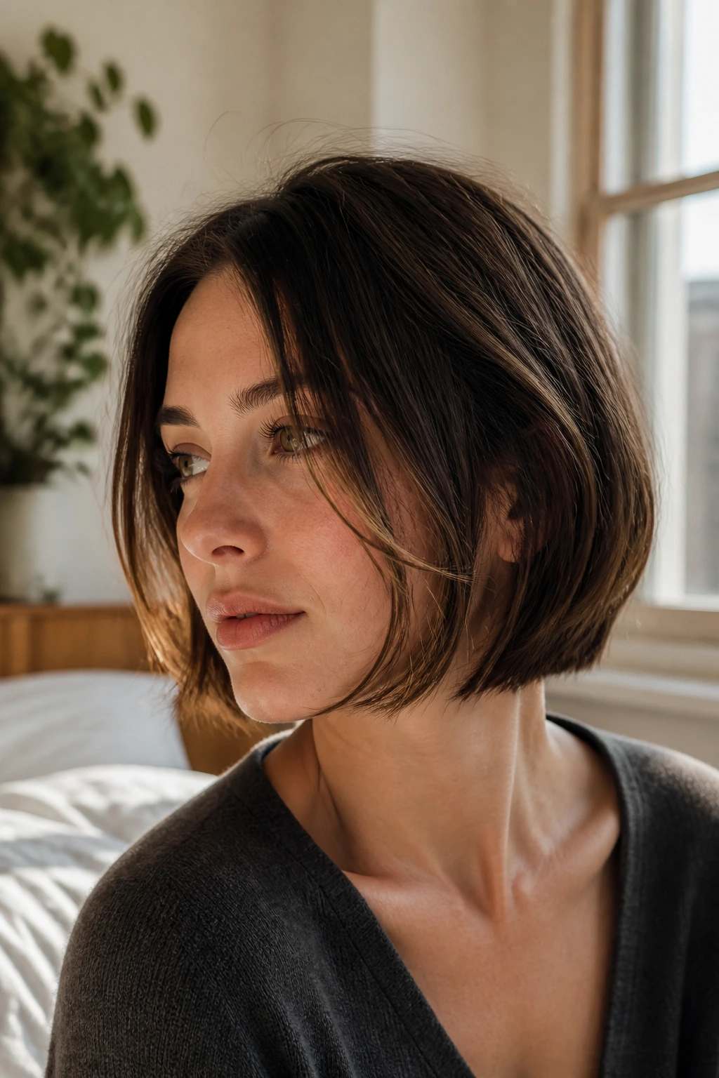 Close-up portrait of a real person with a French bob and grown-out face framing.