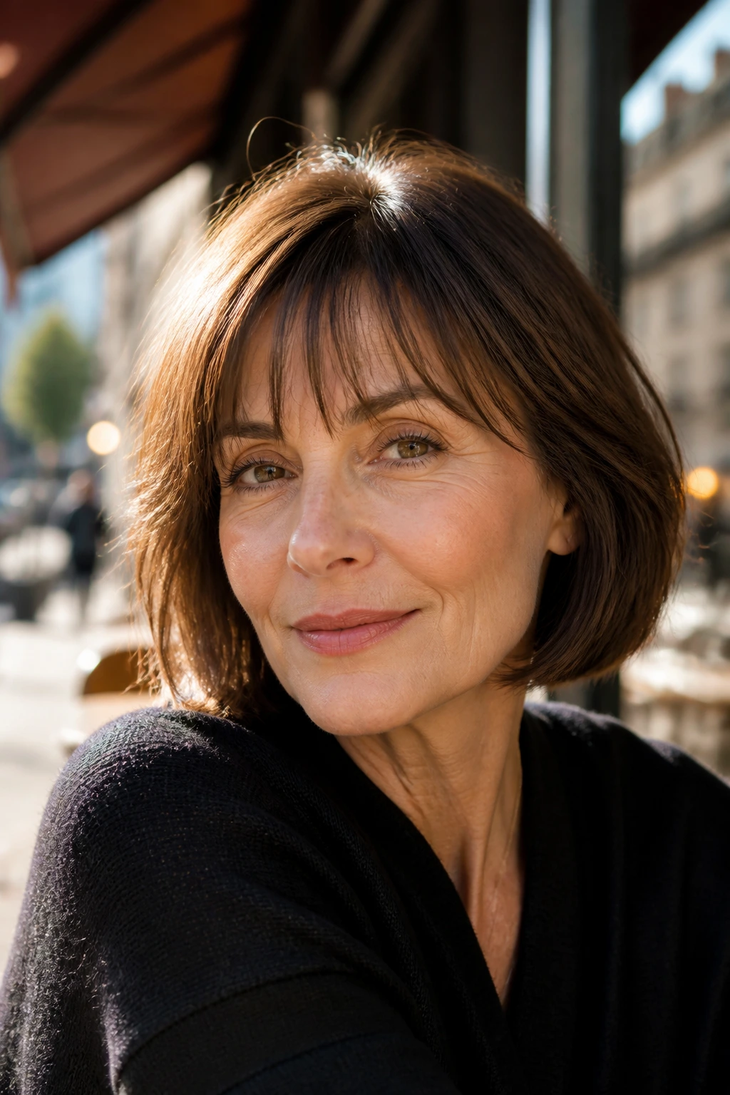 Close-up of a woman with a French bob and feather-light bangs
