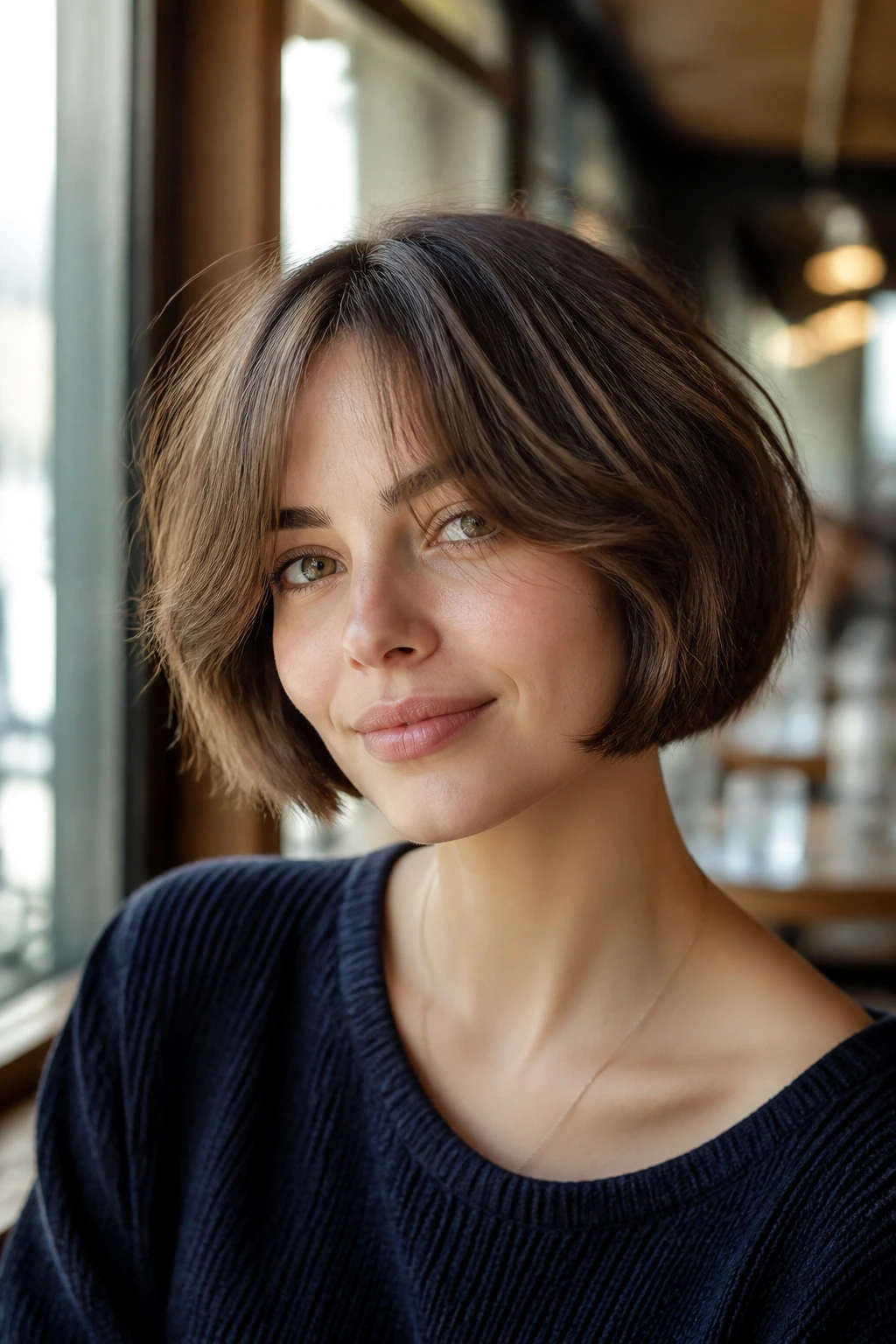 Close-up portrait of a real woman with French bob and feathered curtain fringe