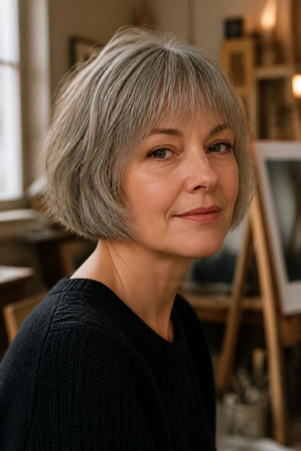 Portrait of a real woman with a French bob and soft fringe.