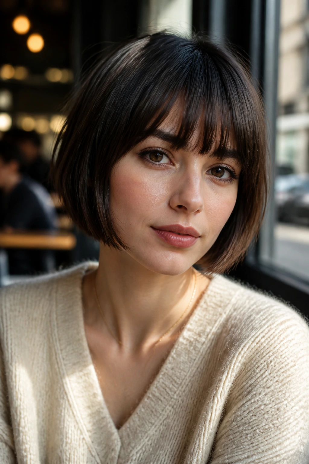 Close-up of a real woman with brow-skimming fringe and A-line bob in natural cafe light.