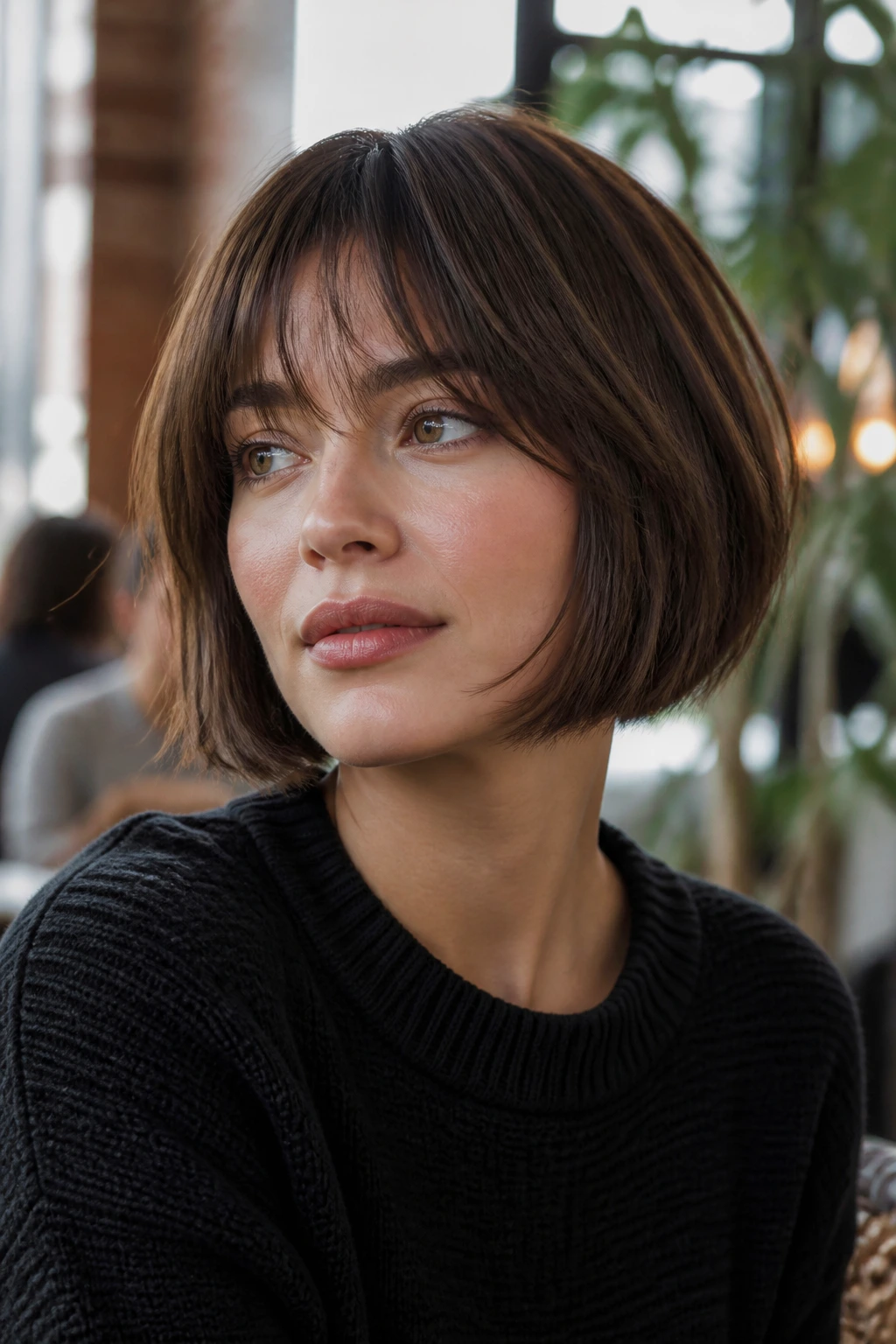 Portrait of a person with a French bob and airy fringe