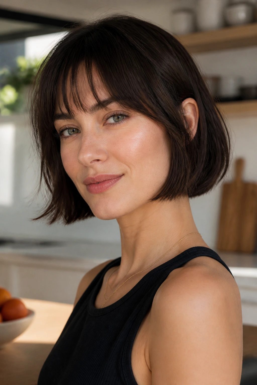 Real woman with French bob and soft fringe in bright kitchen