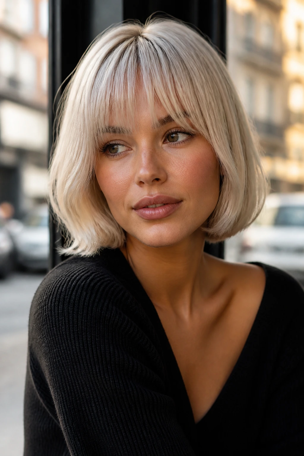 Close-up of a real woman with a French bob and soft fringe.