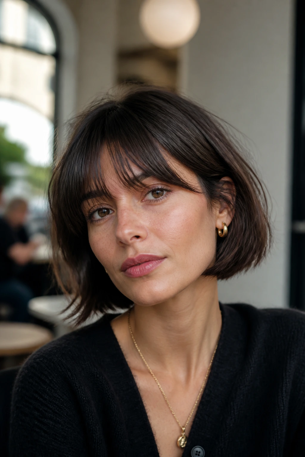 Portrait of a person with French bob and brow-grazing bangs.