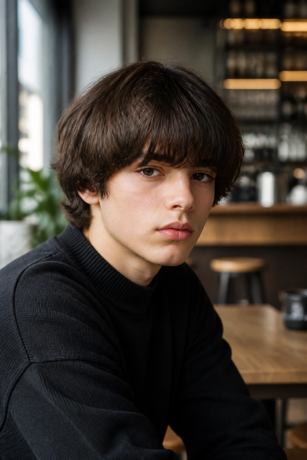 Close-up portrait of boy with French bob and heavy fringe in cafe light