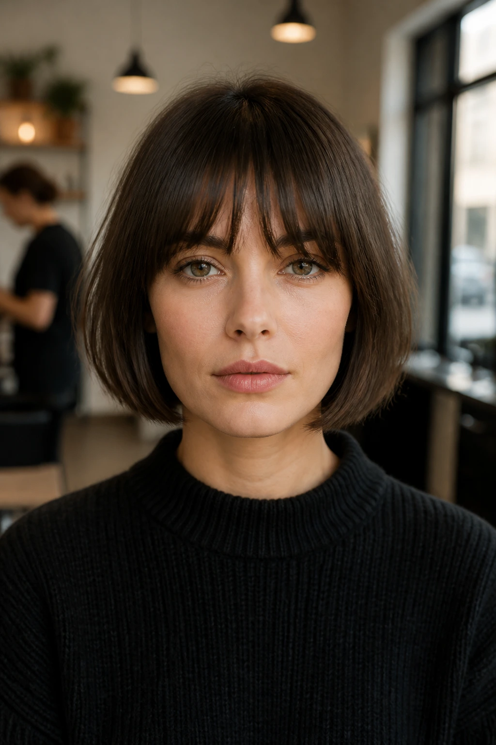 Frontal portrait of a real person with brow-grazing fringe French bob
