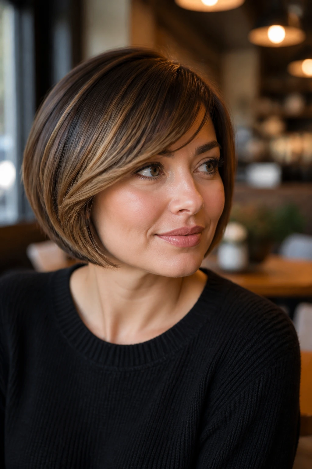 Close-up of a woman with French bob and swept fringe with caramel highlights
