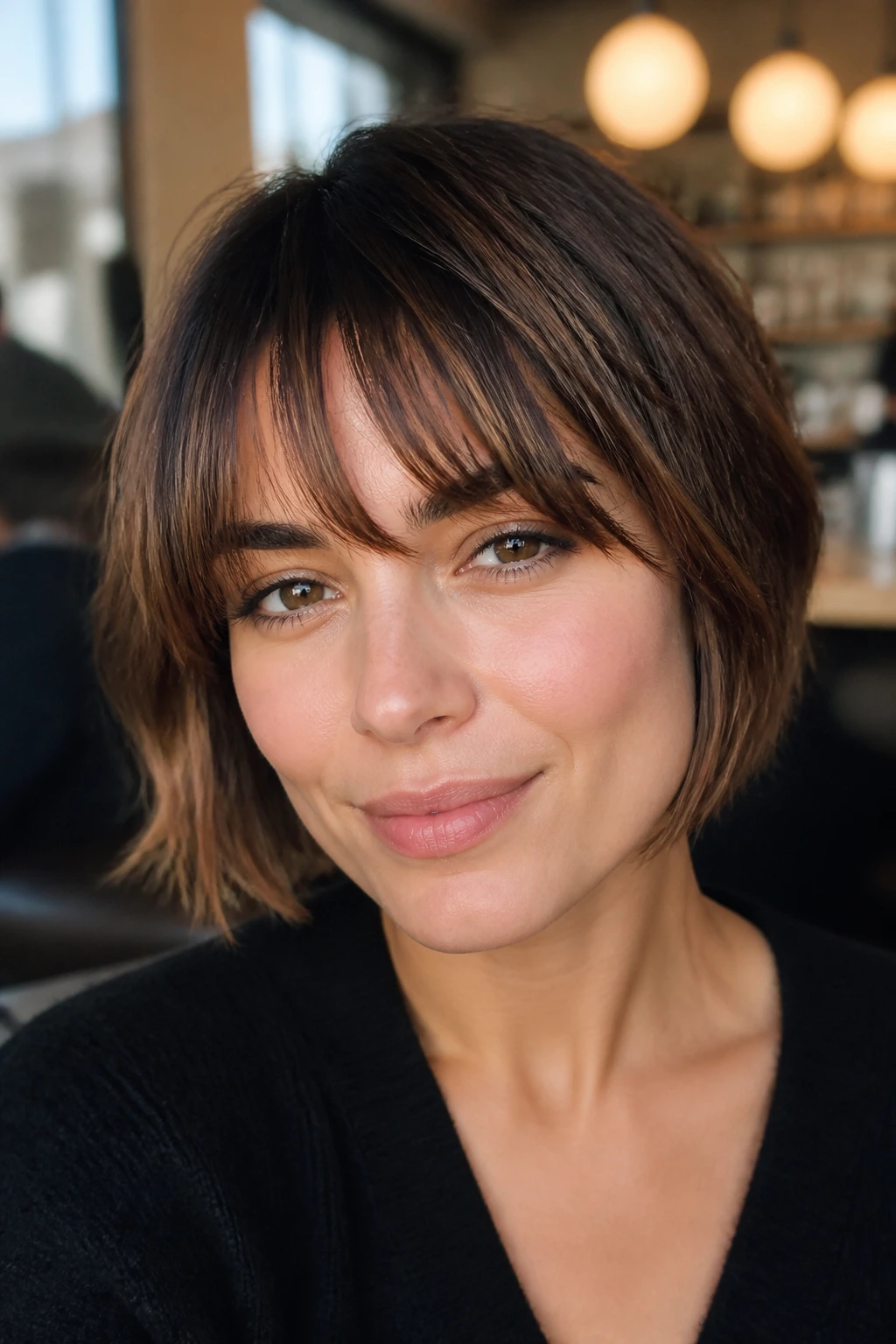 Real woman with brow-skimming fringe on a French girl bob.