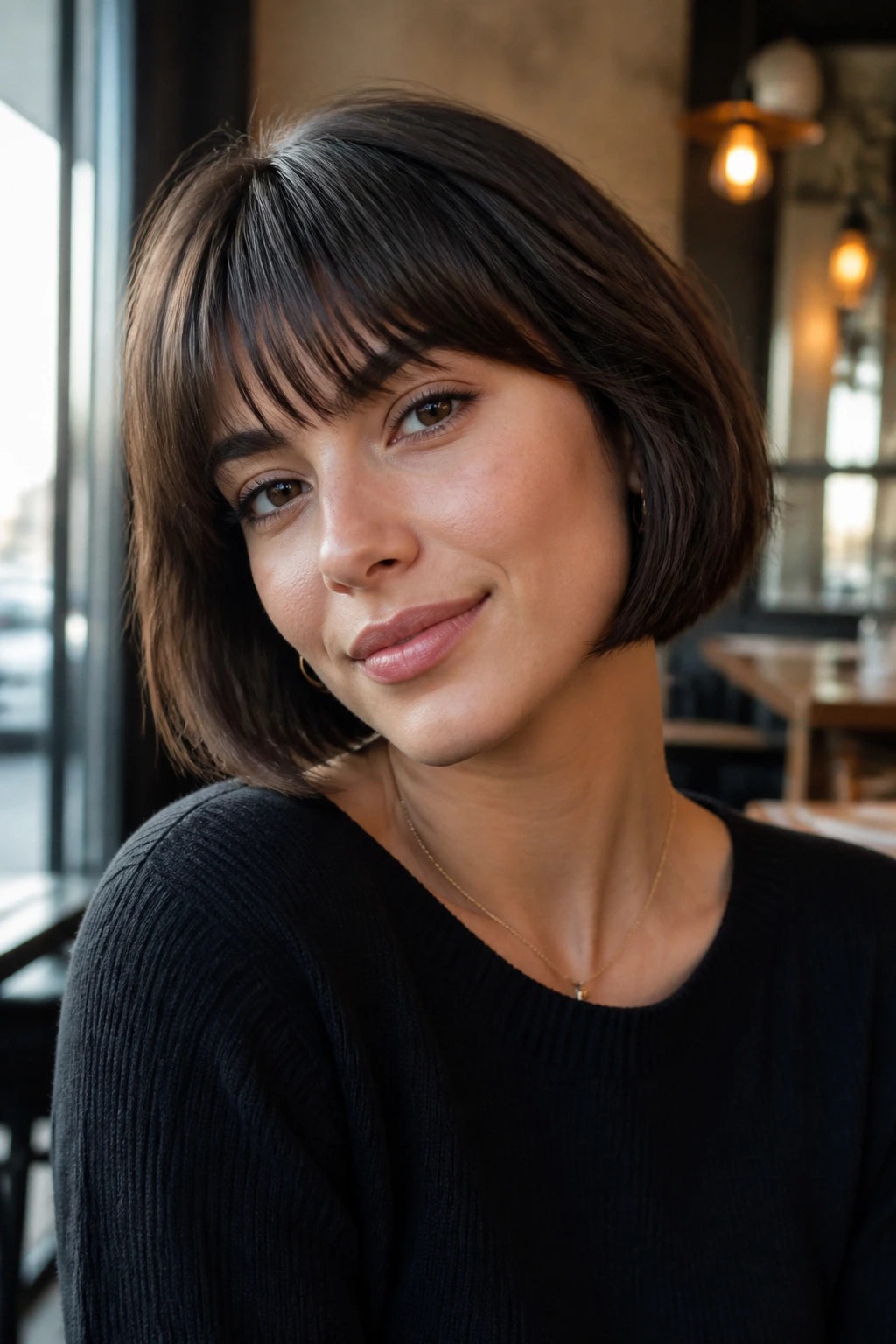 Portrait of a woman with brow-grazing fringe French bob.