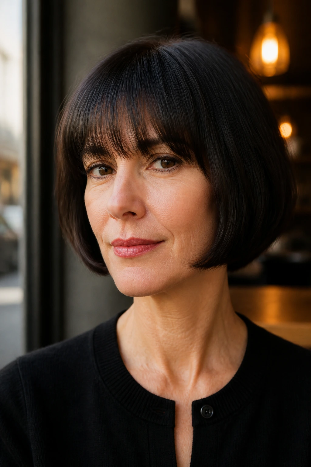 Close-up portrait of a real woman wearing a French bob with brow-grazing fringe, neck visible.