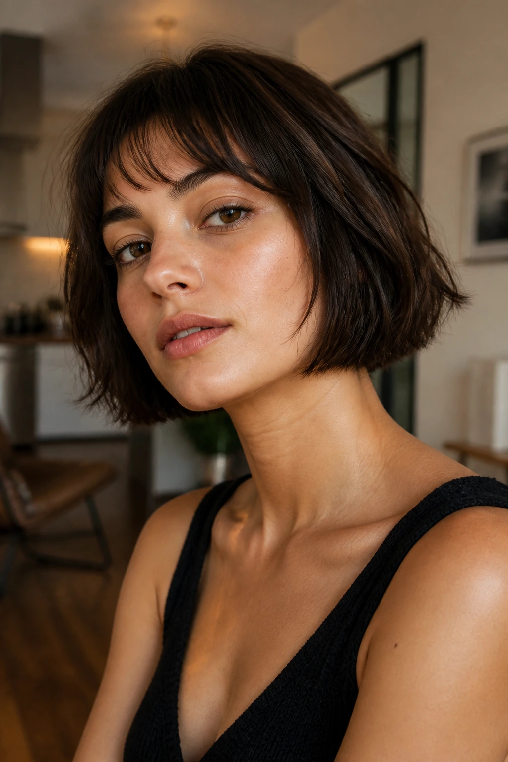 Close-up portrait of a real woman with a French bob and piecey fringe
