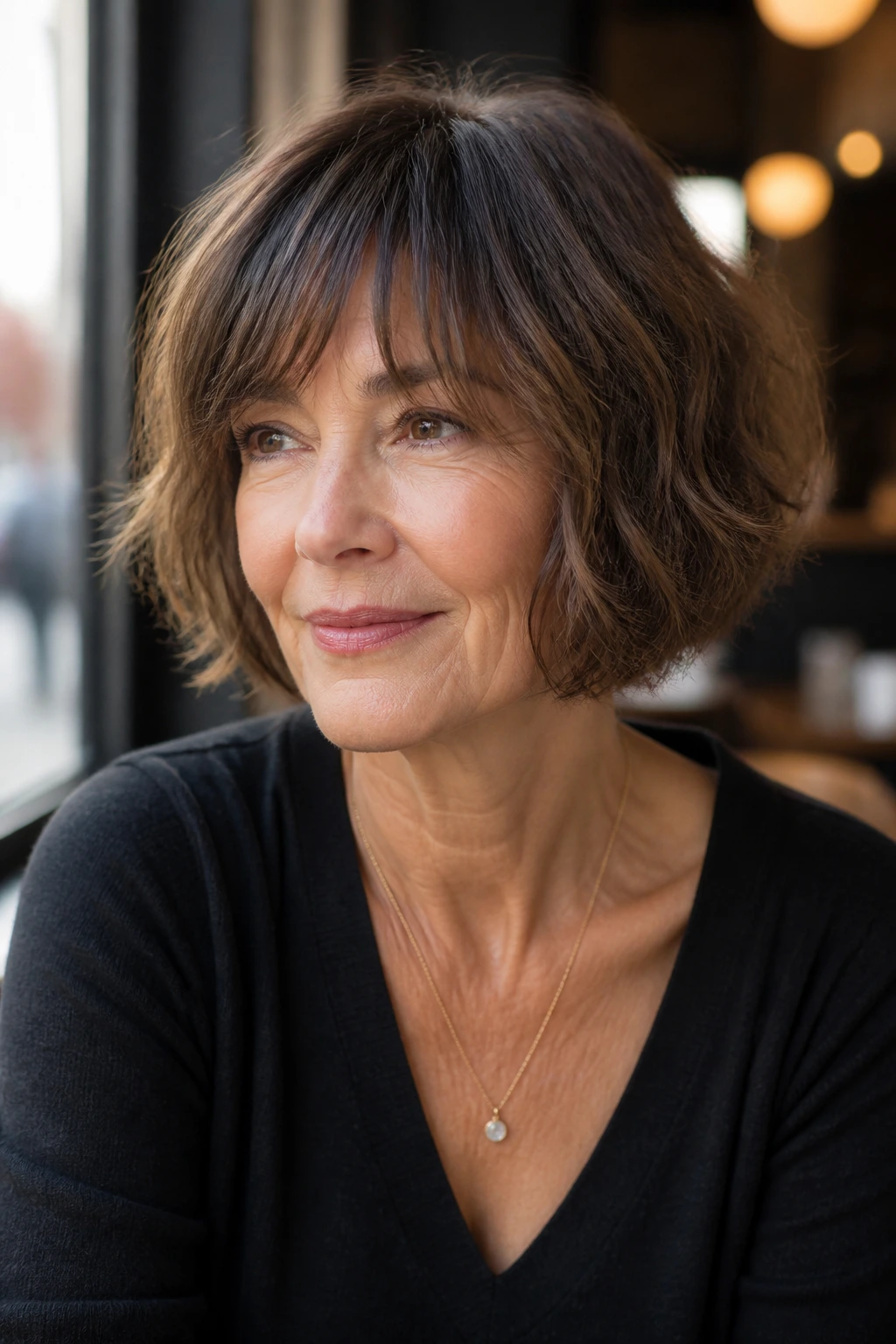 Portrait of a woman with French bob and long soft fringe