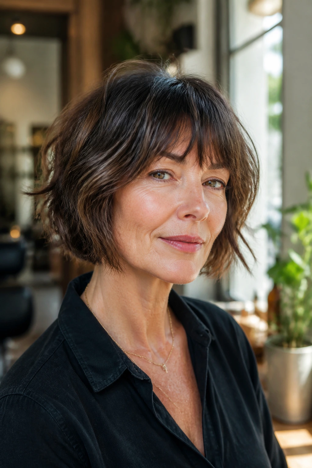 Close-up of a woman with a cheekbone-length French bob and brow-skimming fringe in window light
