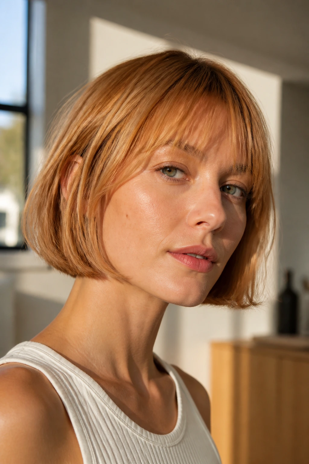 Portrait of a real person with a chin-length French bob and soft fringe in warm daylight.