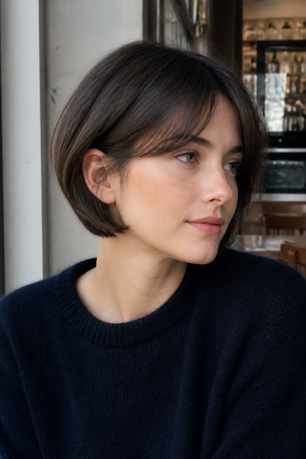 Close-up of a real woman with a French bob and temple-soft fringe.