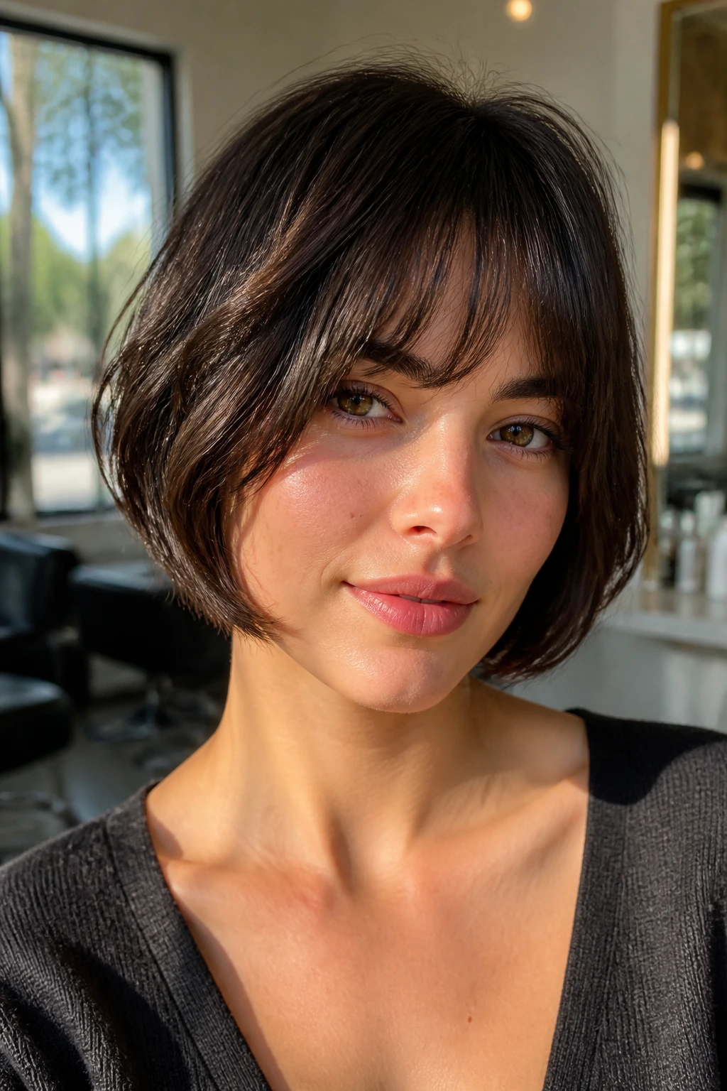 Close-up of a real woman with cheek-grazing French bob and soft fringe in warm sunlit salon light