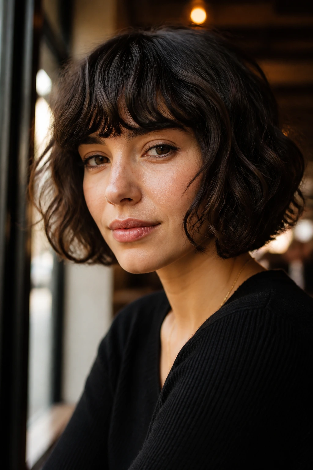 Close-up of a real woman with a French bob and brow-grazing fringe