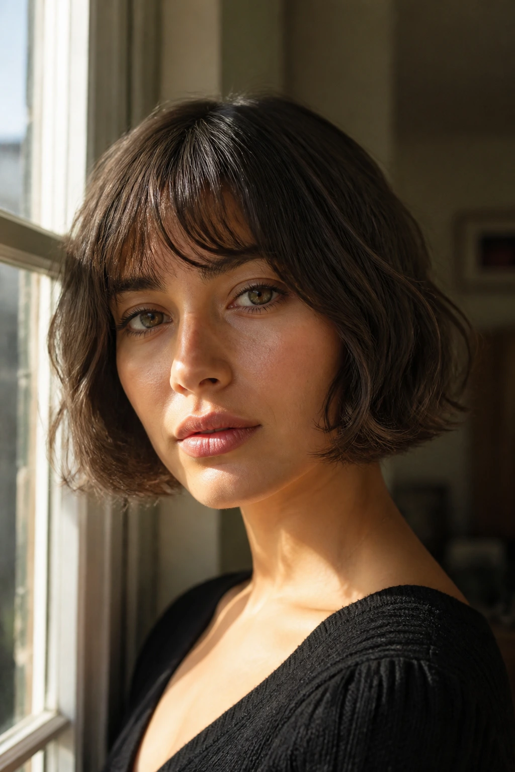 Close-up portrait of a real woman with a jaw-length French bob and a gentle bend.
