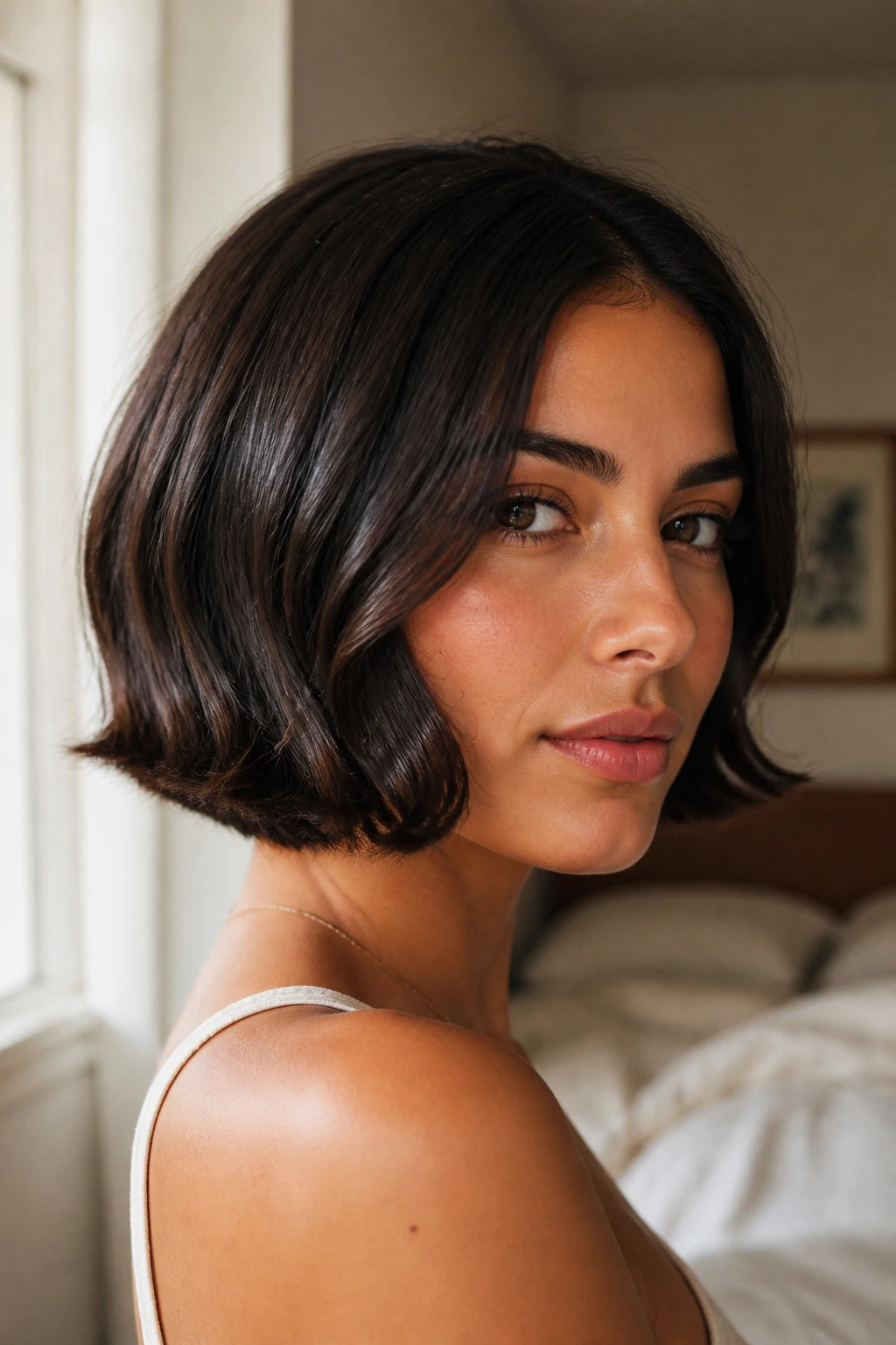 Close-up of a real woman with a glossy brunette French Bob framing her jaw