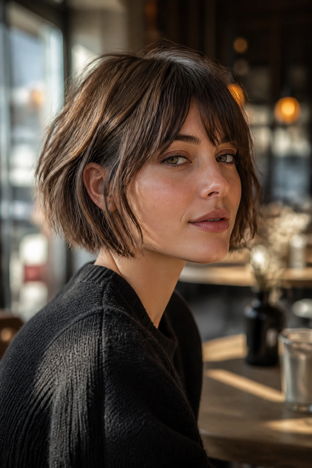 Close-up portrait of a real woman with a French bob and gritty, textured ends.