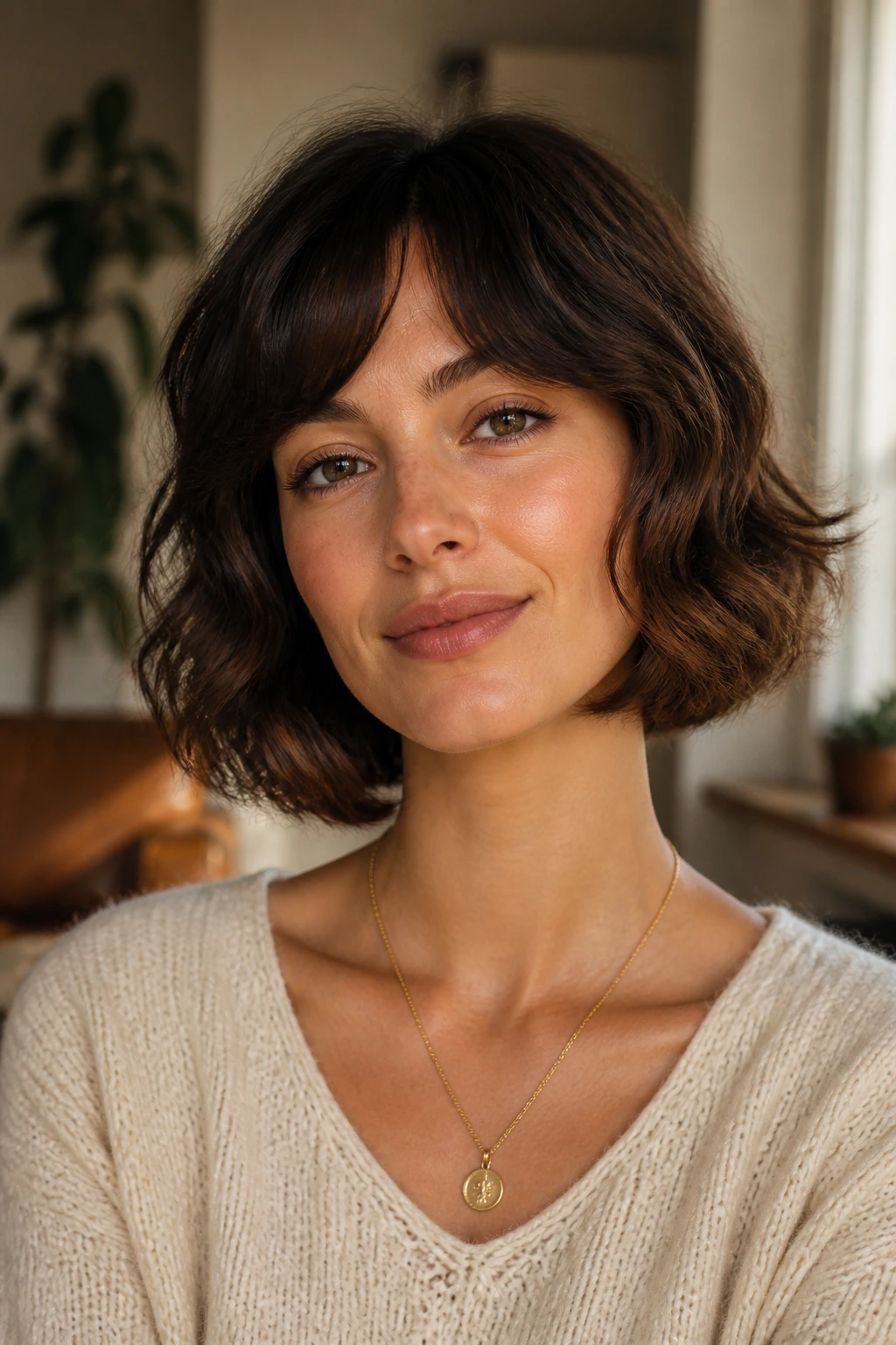 Close-up portrait of a woman with heart-shaped face and jaw-length French bob in natural window light