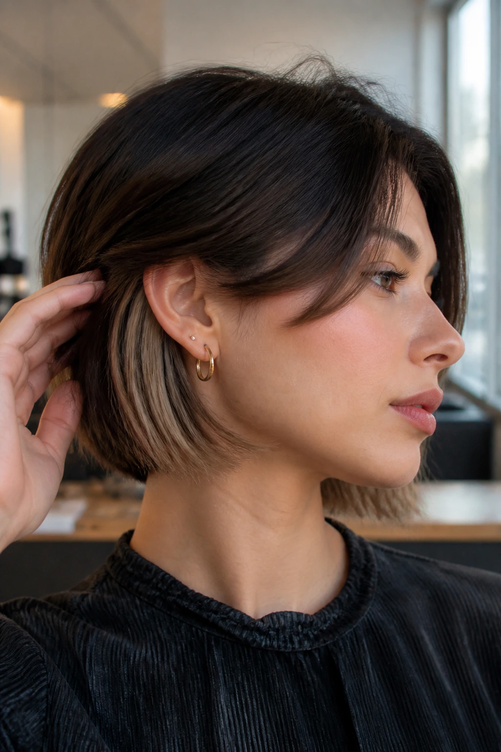 Close-up of a woman with a blunt French bob and hidden babylights beneath.