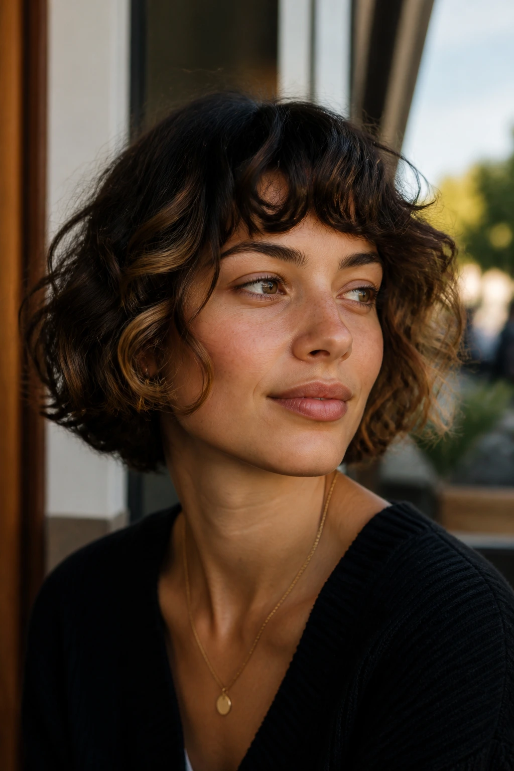 Brunette with a short French bob and honey slices around the cheeks
