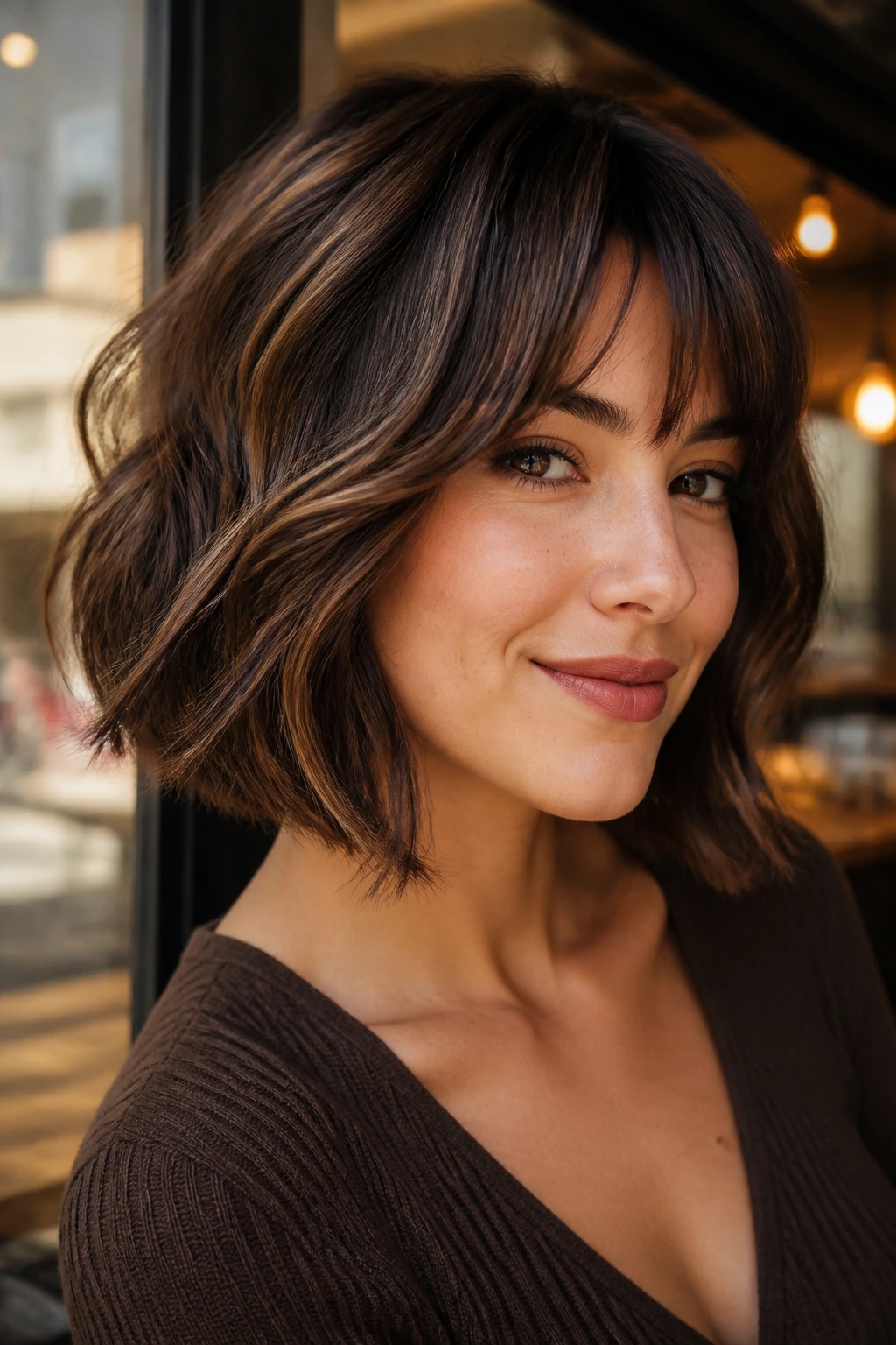Portrait of a real woman with French Inverted Bob and mocha ribbons.