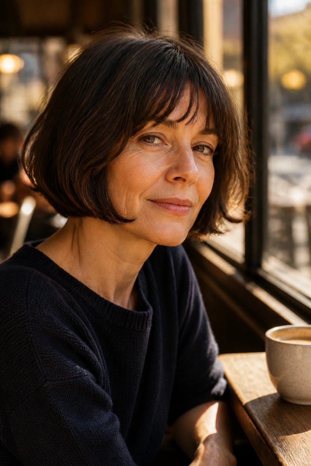 Close-up of a real woman with a jaw-length French bob in natural daylight