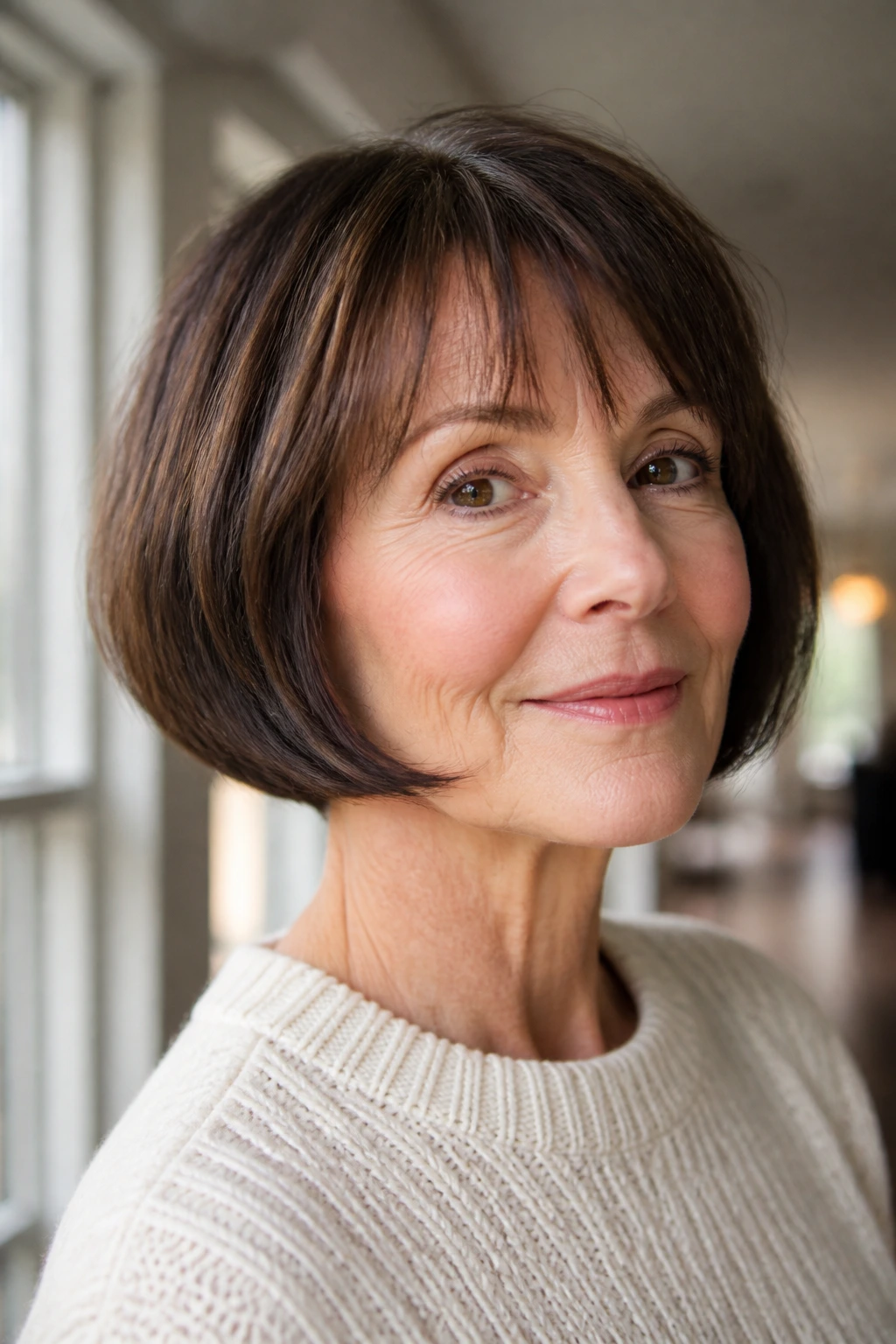 Close-up portrait of a real woman with a French bob and jawline curve in daylight