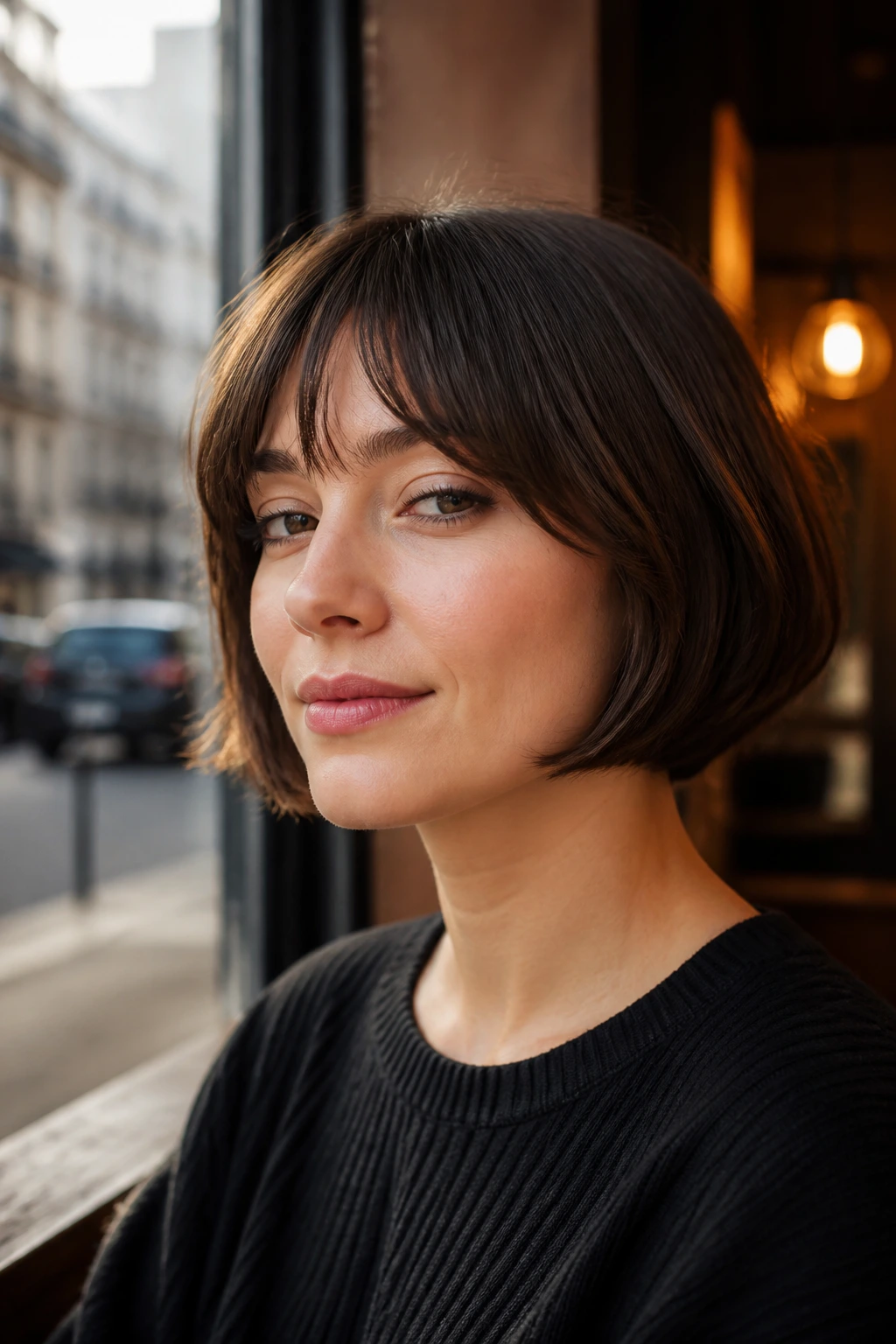 Close-up of a woman with a jawline-length French bob