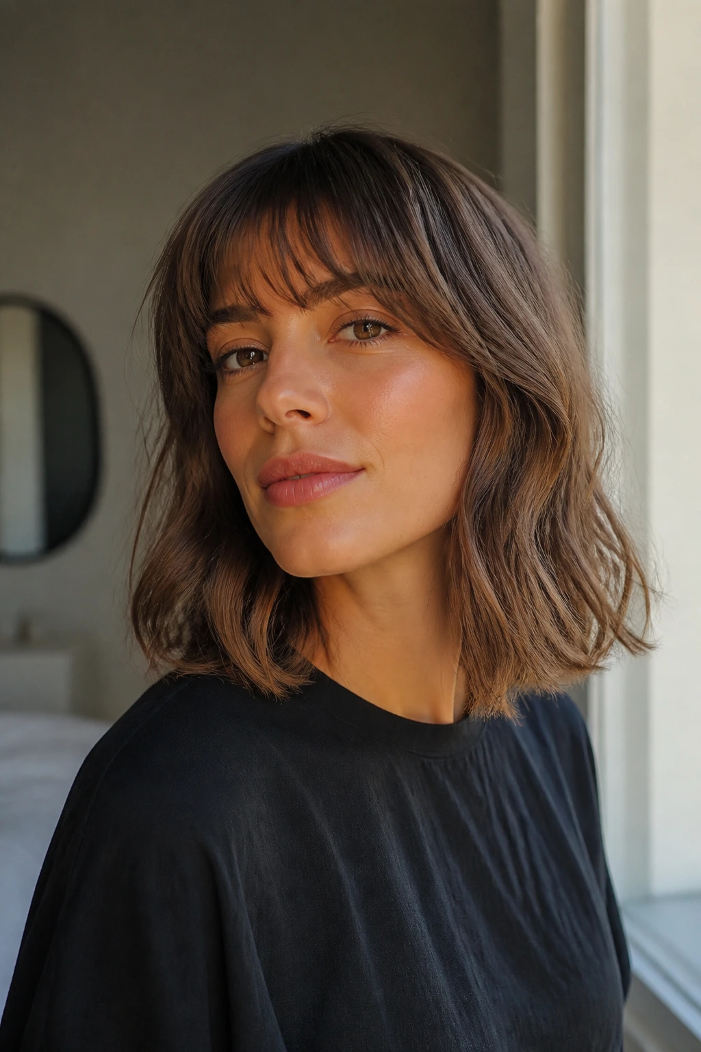 Close-up portrait of a real woman with French bob grown into lob length and beachy waves