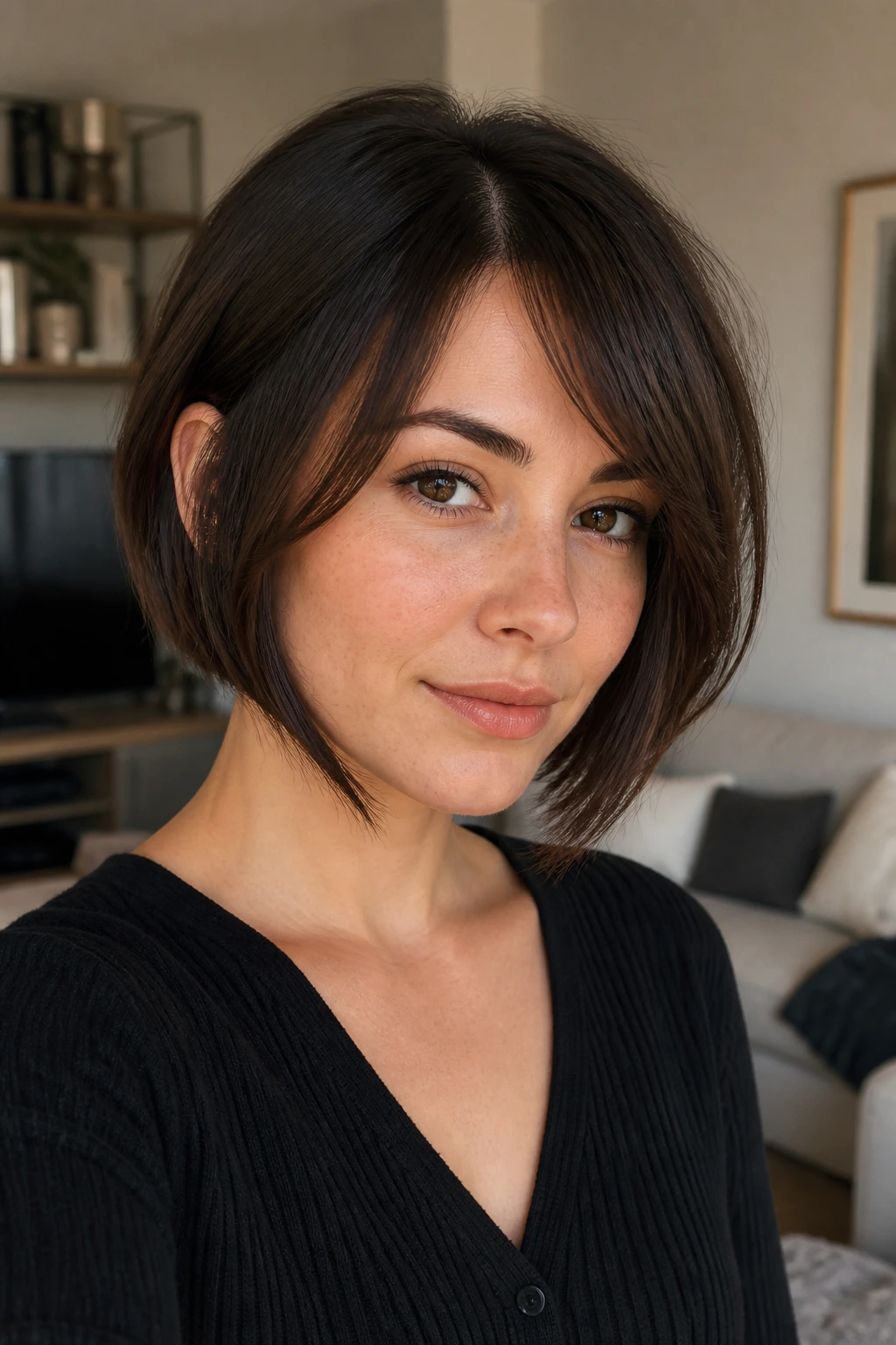 Portrait of a real person with a French bob and longer front