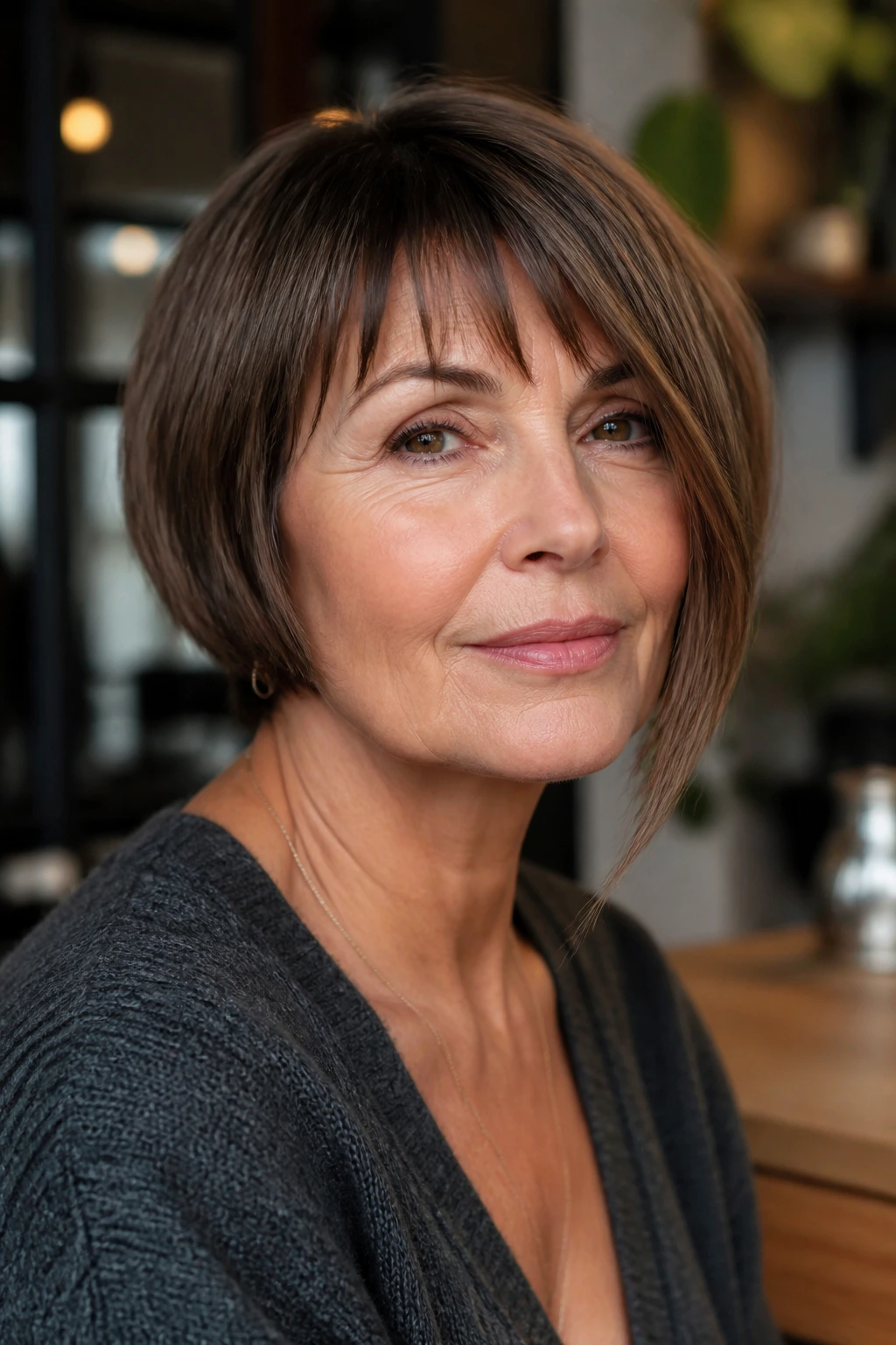 Portrait of a woman with a French bob and a diagonal longer side