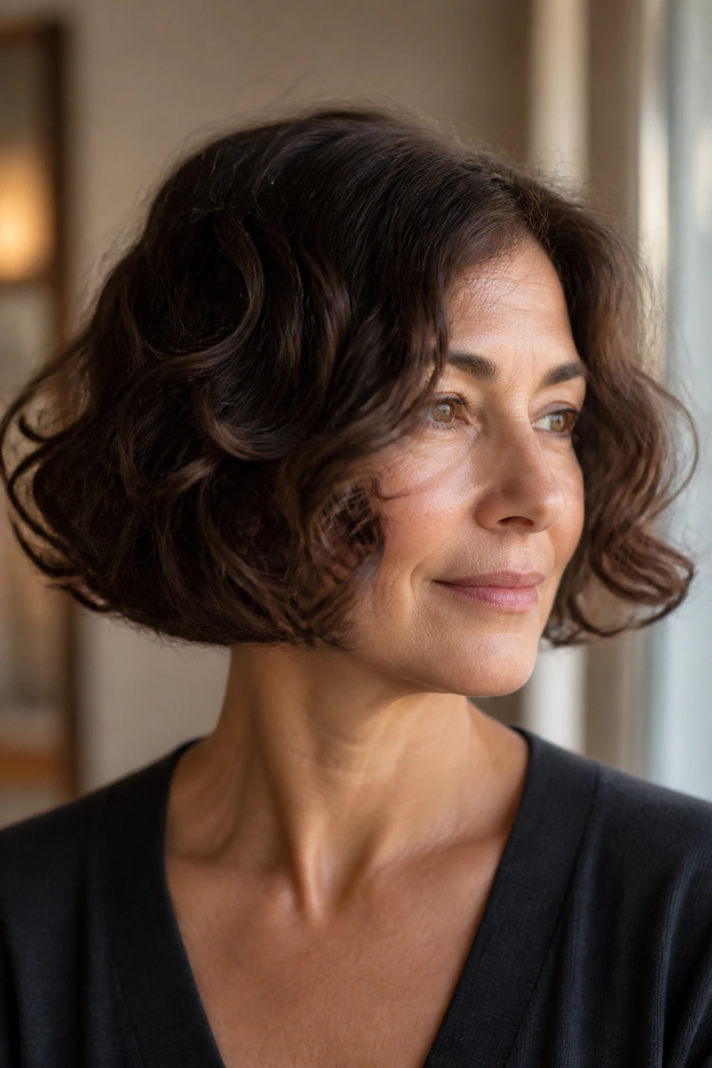 Close-up of a real woman with a French bob for loose curls