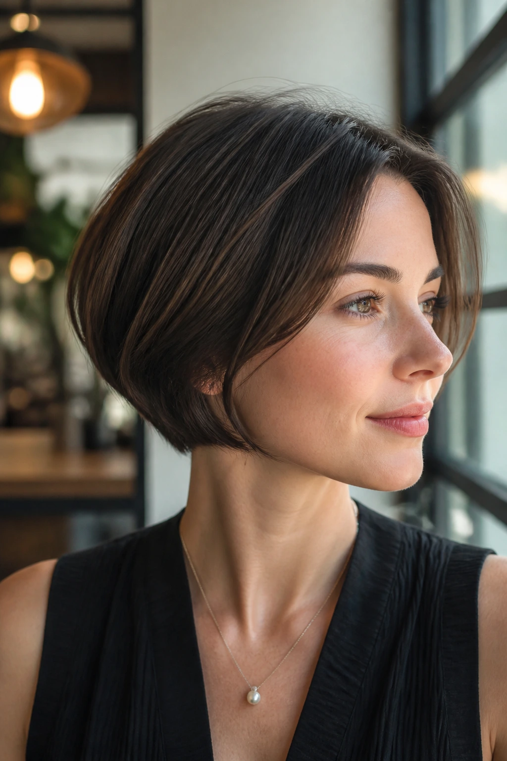 Portrait of real person in French Bob with a Low Stack showing tidy jaw-length cut