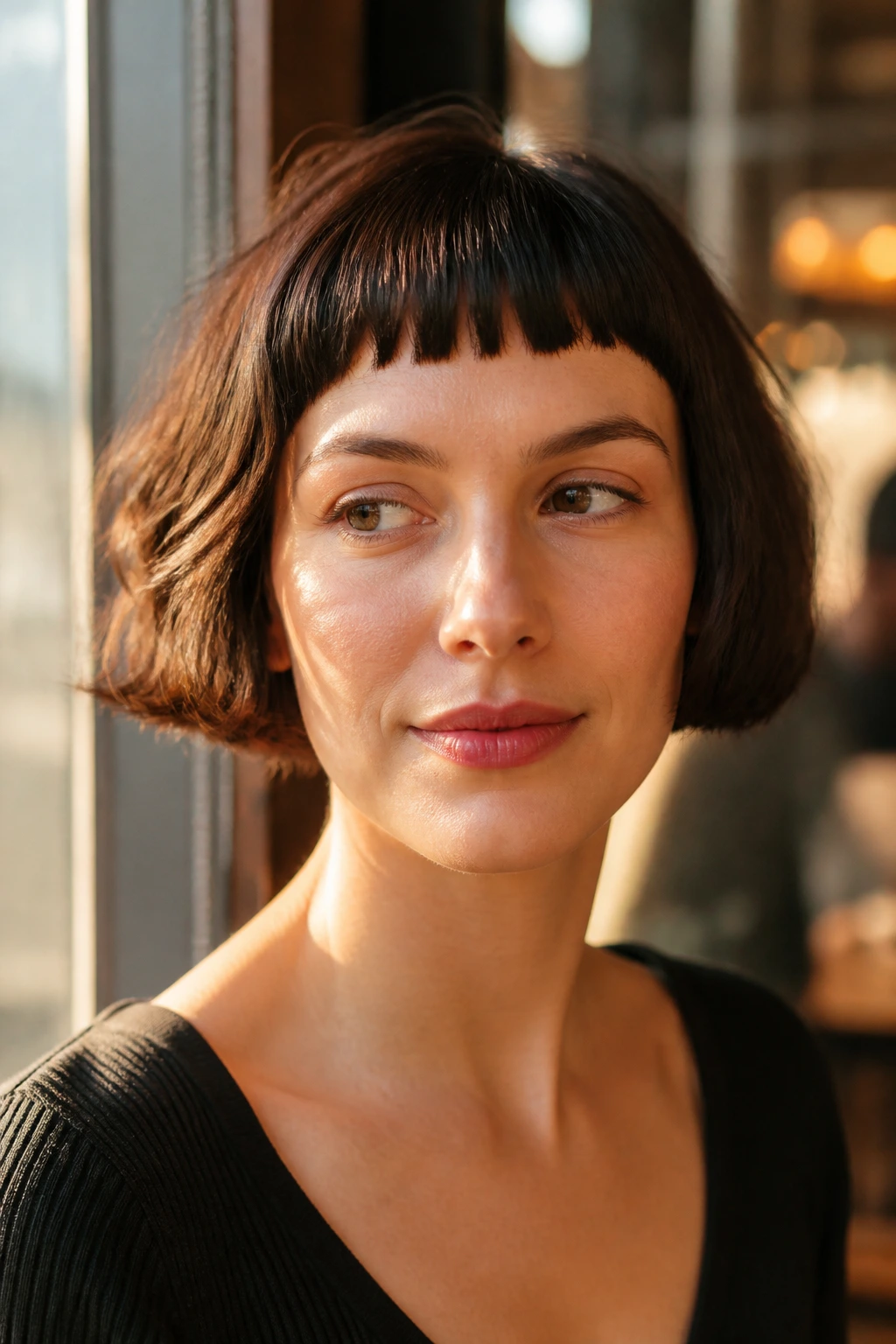 Portrait of woman with French bob and micro bangs in cafe-light