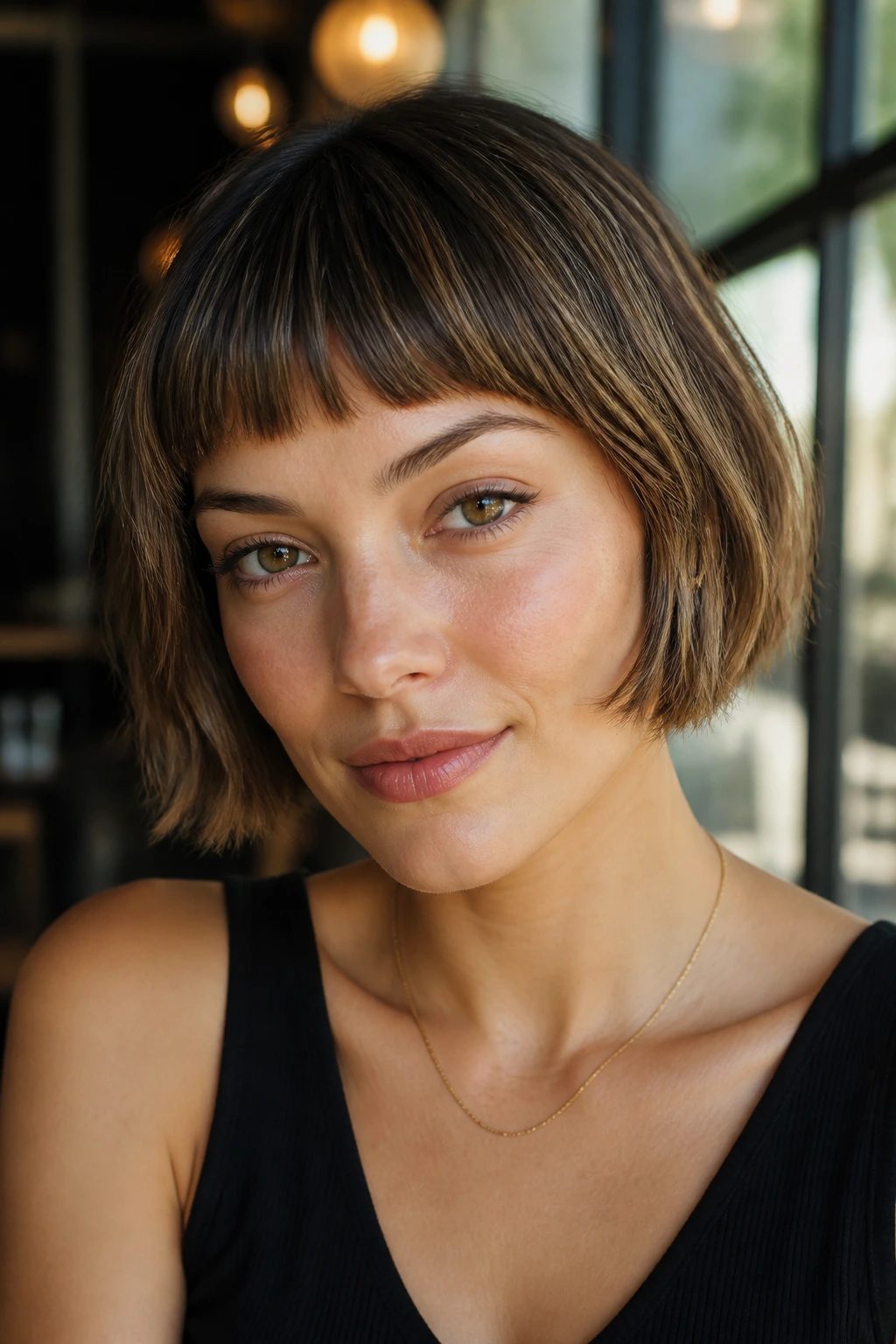 Portrait of a real woman with a French bob and micro bangs.