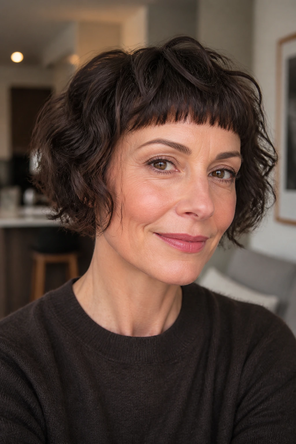 Real woman with French bob and micro fringe in bright indoor lighting