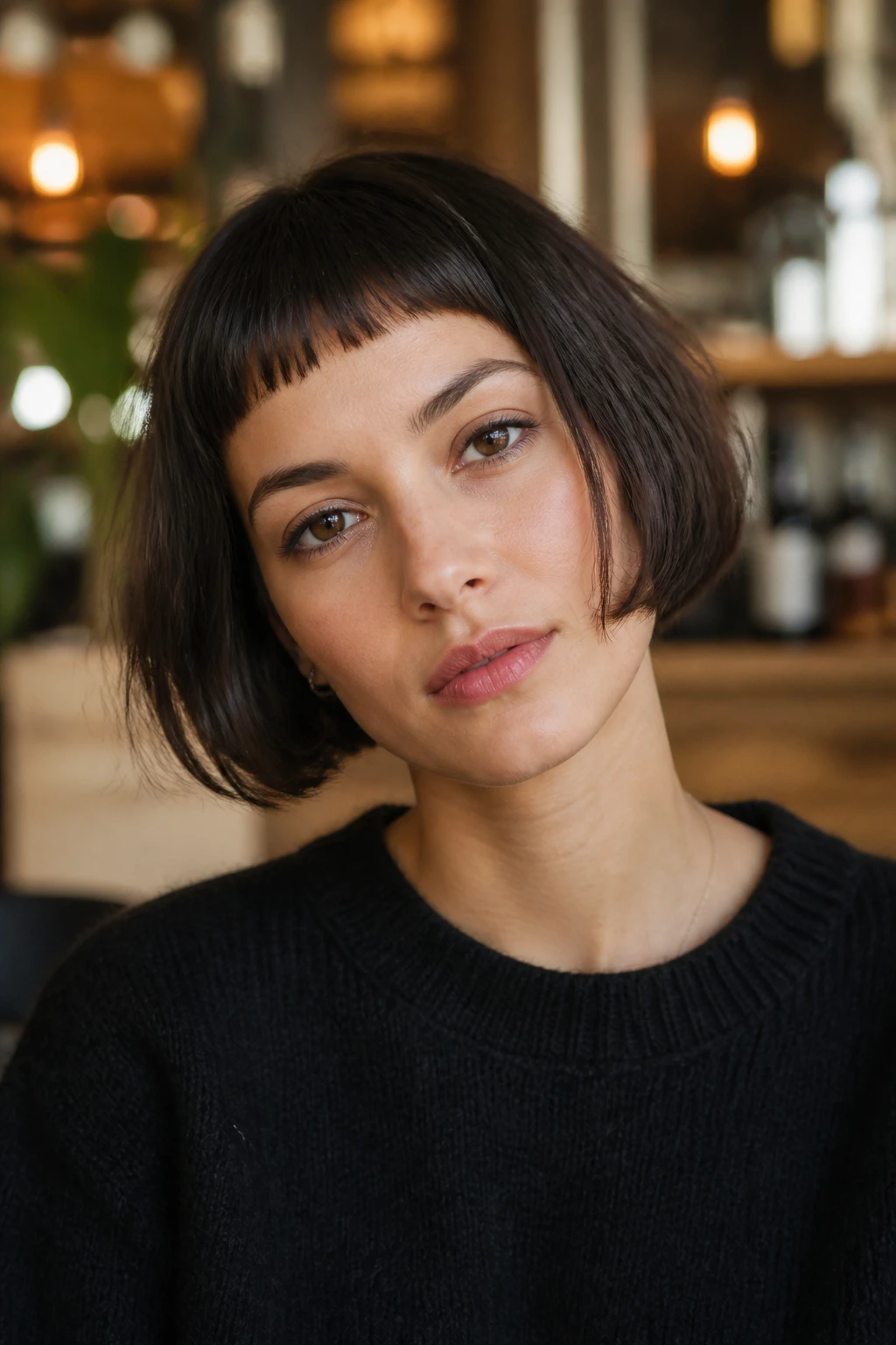 Close-up portrait of a real woman with a French bob and micro fringe.